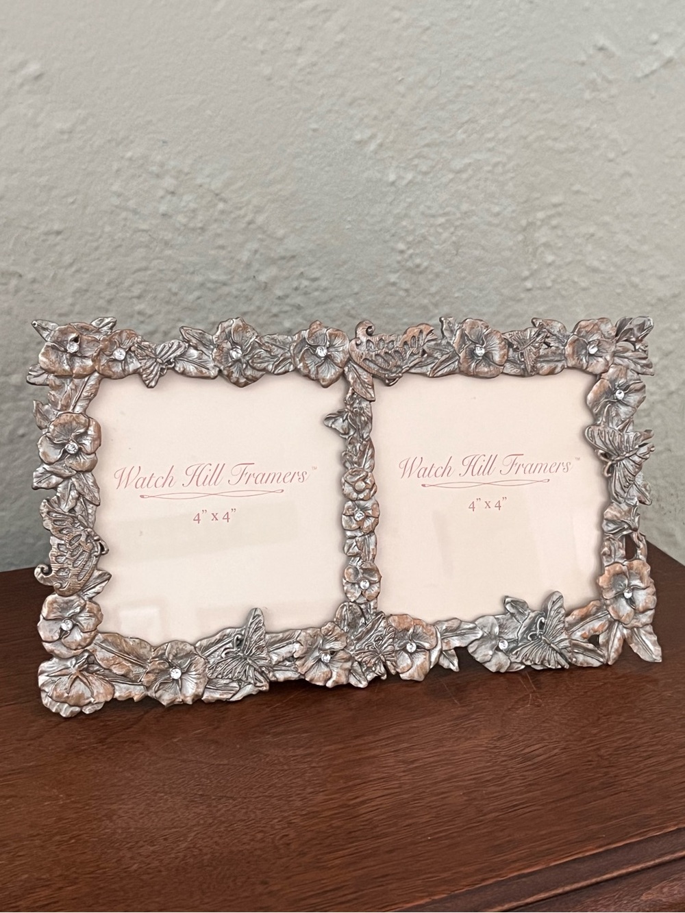 Watch Hill Framers Metal Rhinestone Butterfly Floral Double Picture Frame 4”x4”